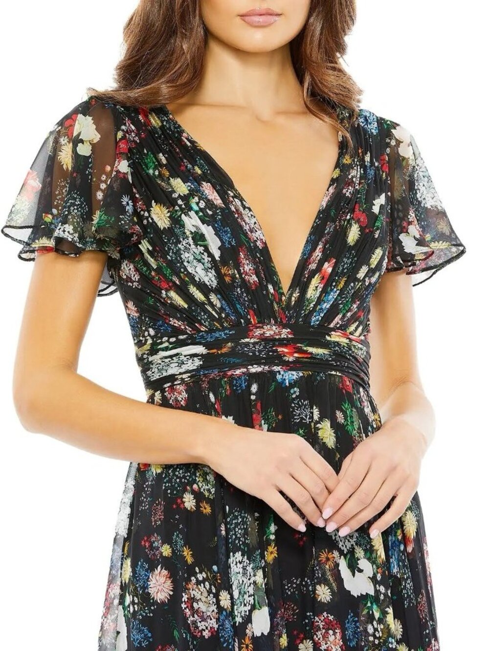 Mac Duggal Size 2 Black 67934 Floral Wrap Maxi Dress Butterly Sleeve Tiered NWT - Picture 3 of 15